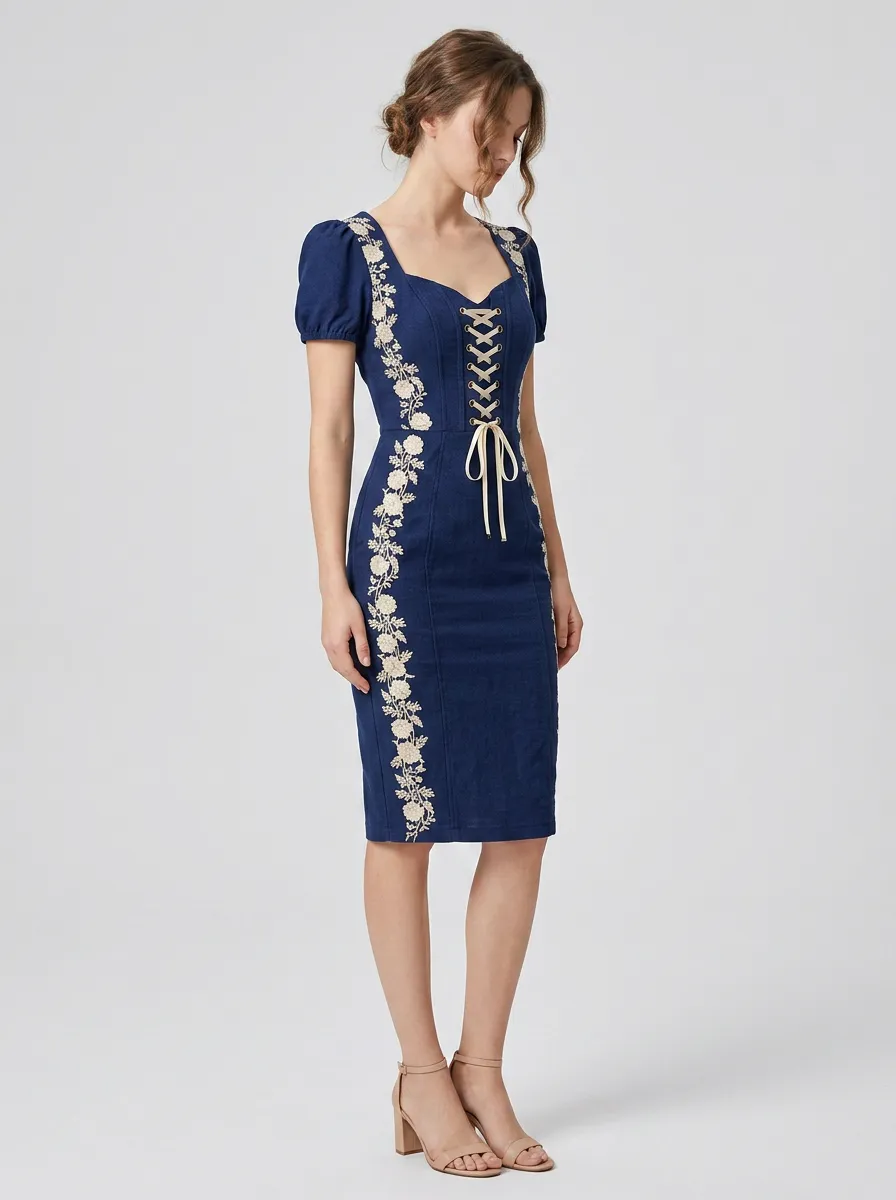 Women's Embroidery Lace-Up Festival Fitted Dress