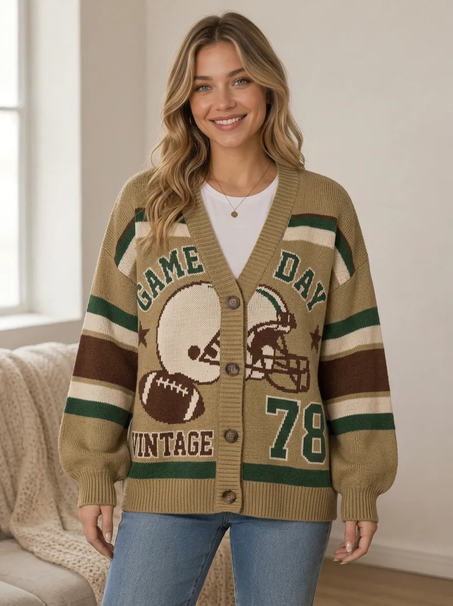Women's Gridiron Day Vintage Helmet Patterned Knit Cardigan
