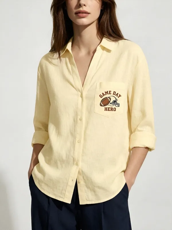 Women's Football Fan Game Day Hero Helmet Printed Button-down Shirt