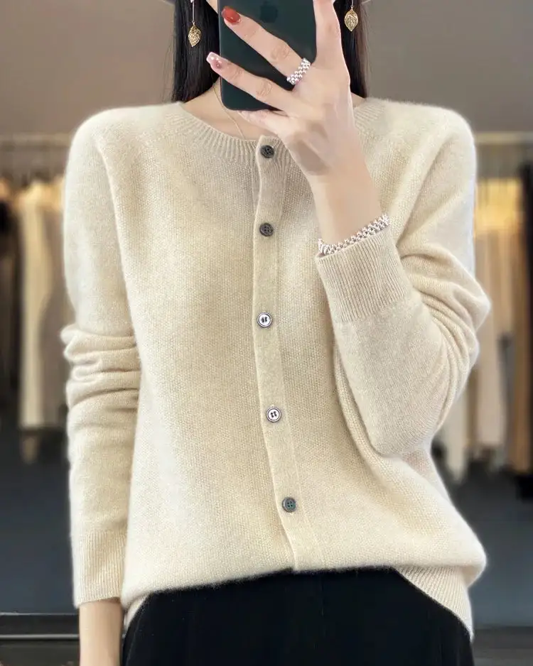 Refined Wool Button-Front Round-Neck Cardigan
