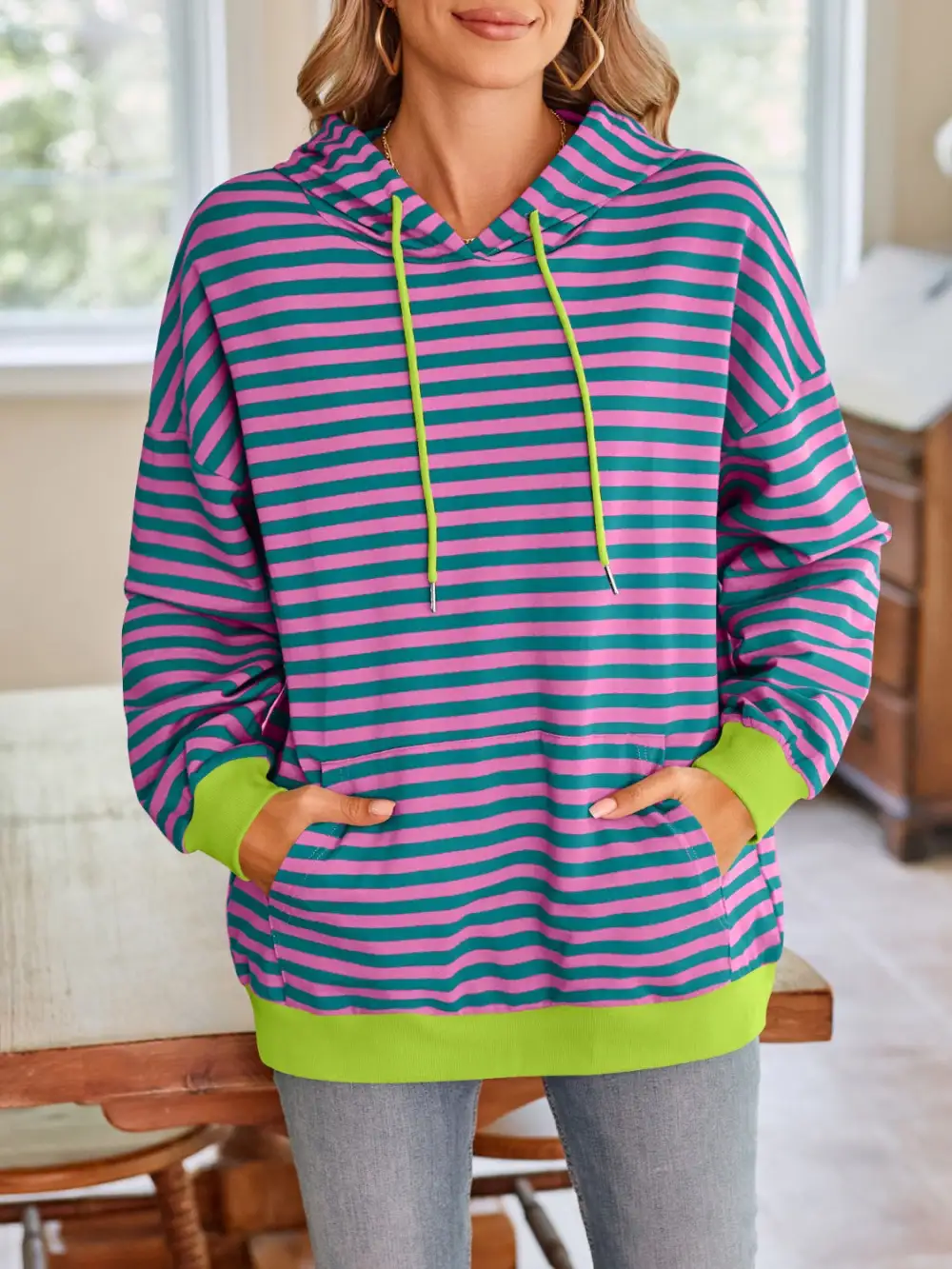 Drawstring Long-Sleeve Striped Hoodie