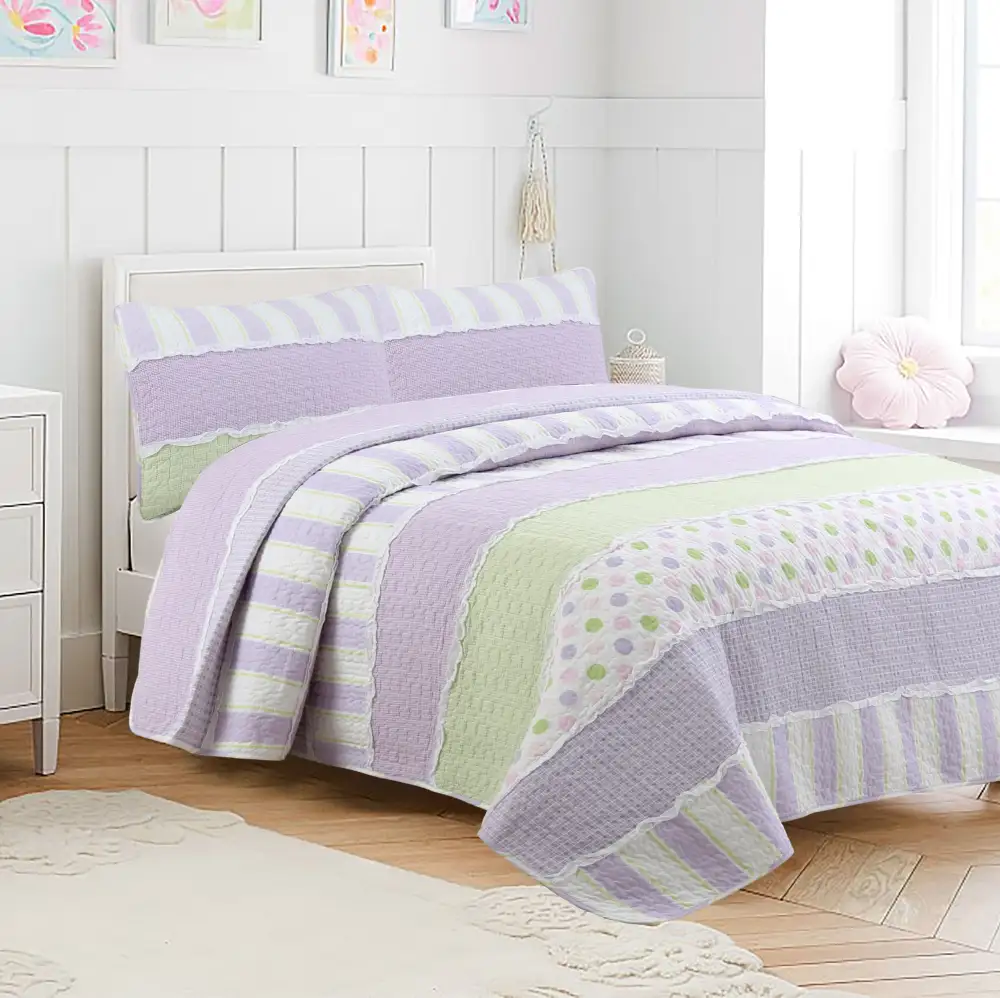 Everyday Cotton Striped Patchwork Ruffled Quilt Bedding Set