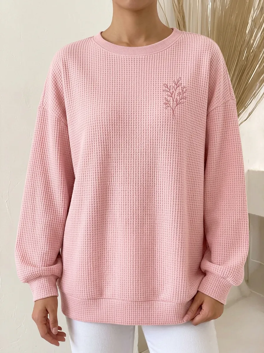 Women's Minimalist Botanical Pink Waffle Knit Printed Sweatshirt