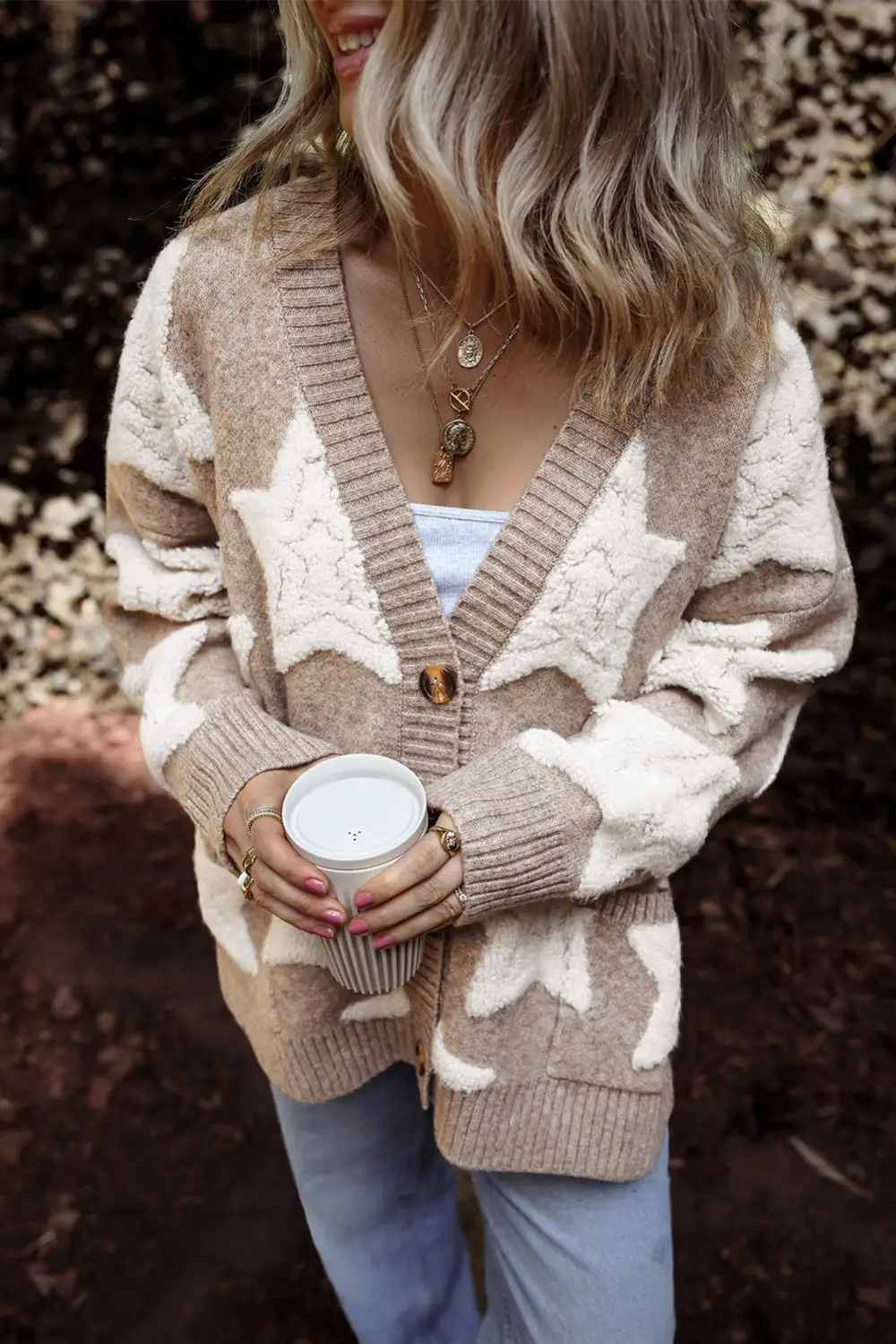 Sherpa Star Pattern Textured Pocketed Cardigan