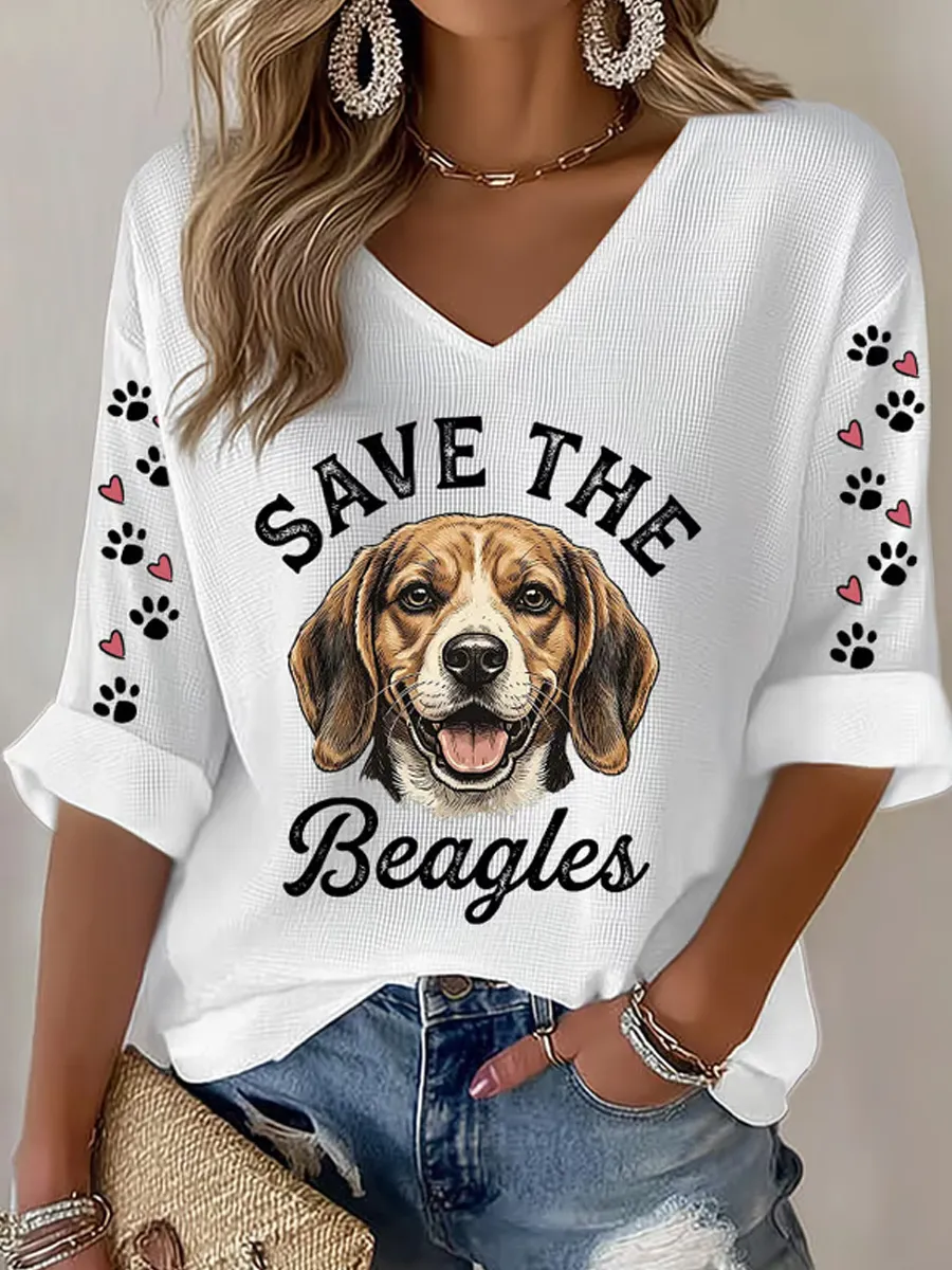Women's Save The Beagles Print V Neck Top
