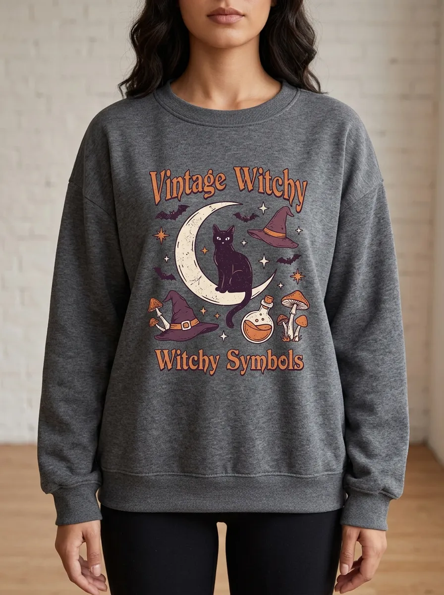 Women's Halloween Witchy Black Cat Moon Mushroom Printed Sweatshirt