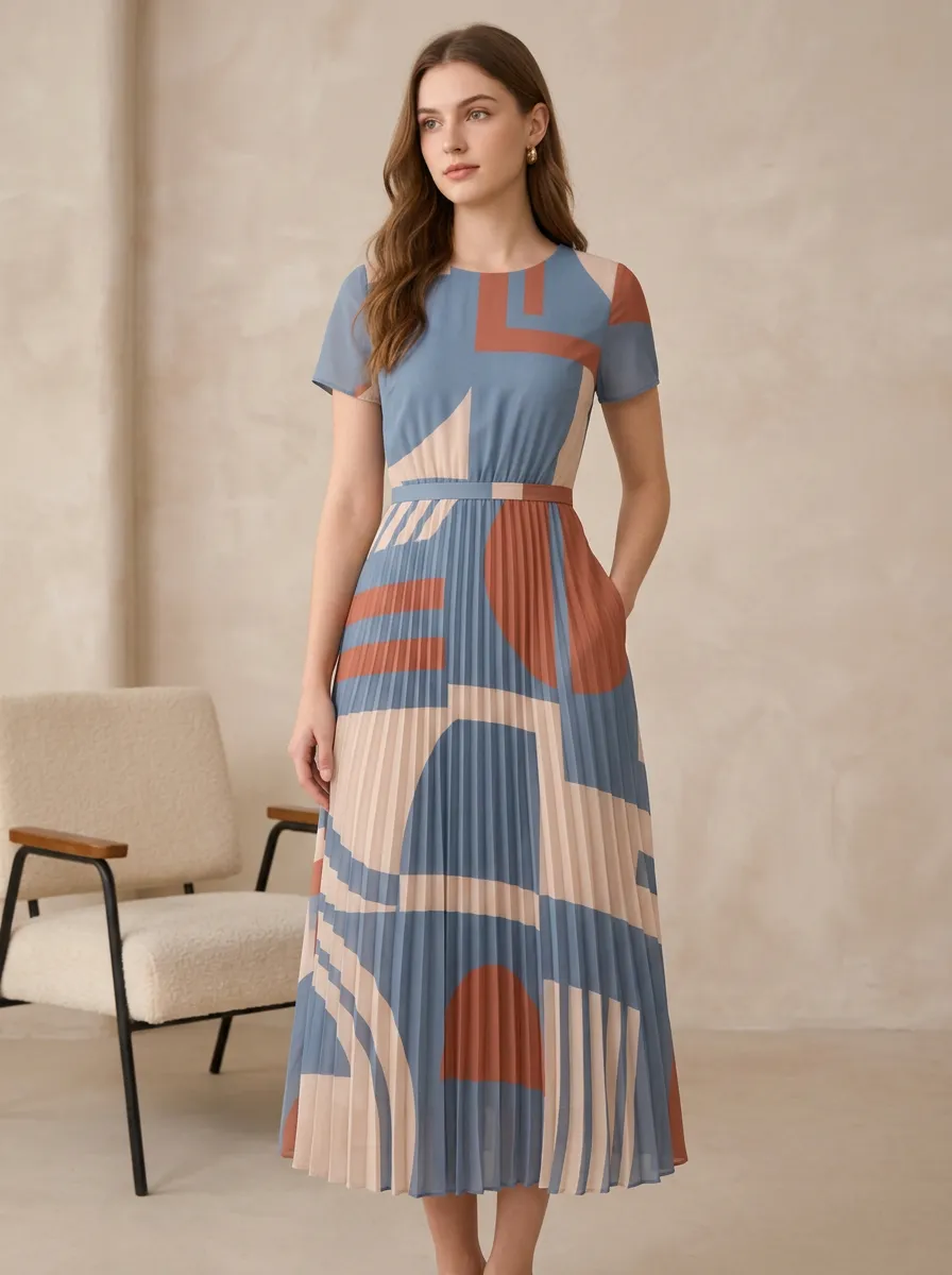 Women's Abstract Geometric Pattern Printed Pleated Dress
