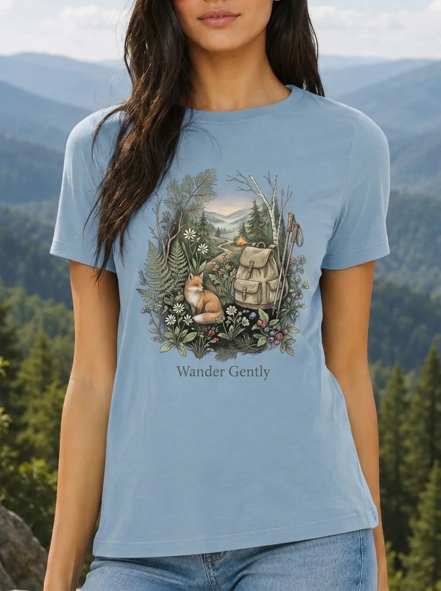 Women's Hiking Lover Fox Backpack Forest Printed T-shirt