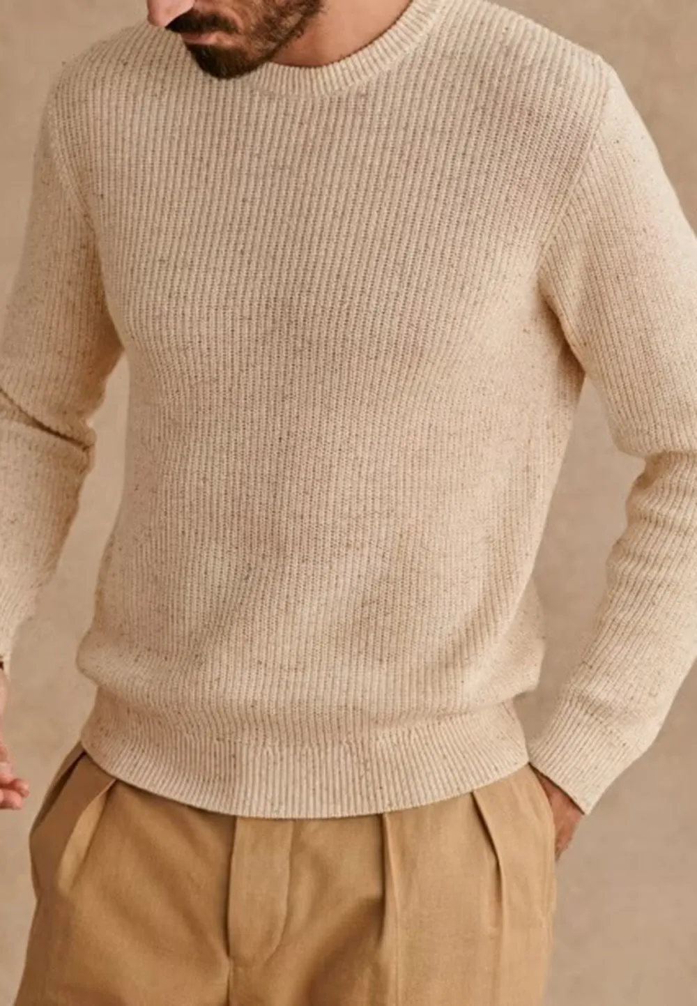 Natural Beige Ribbed Knit Crew Neck Sweater