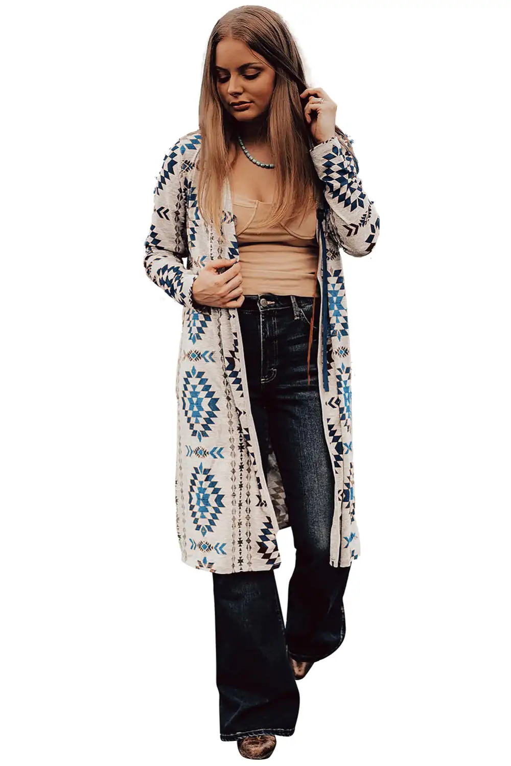 Western Aztec Printed Open Front Long Cardigan