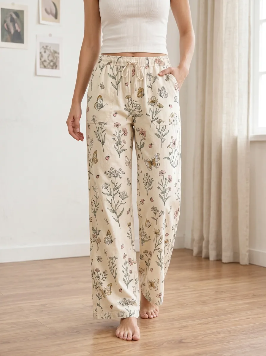 Women's Nature Lover Butterfly Floral Printed Wide Leg Pants