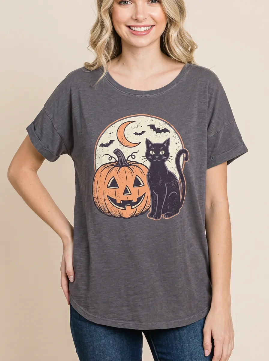 Women's Halloween Black Cat Pumpkin Moon Printed T-shirt