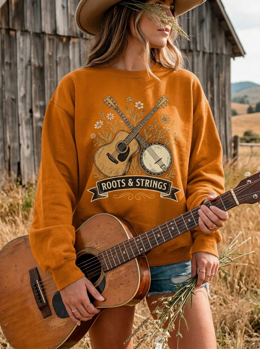 Banjo Guitar Roots-Strings Country Music Crewneck Sweatshirt