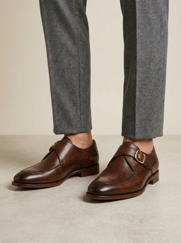 Men's Clean-Lined Classic Leather Single Monk Strap Dress Shoes