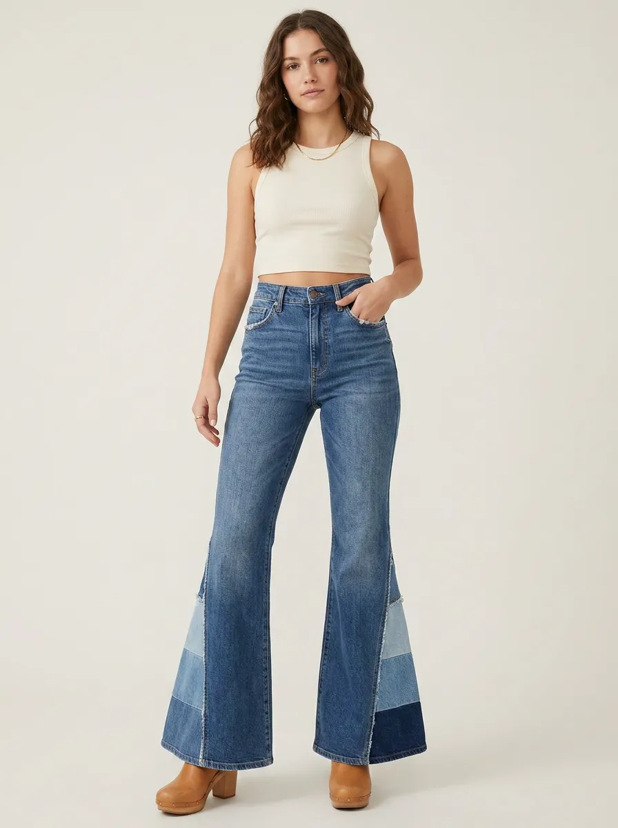 Women's Vintage Style Patchwork Denim Flared Jeans