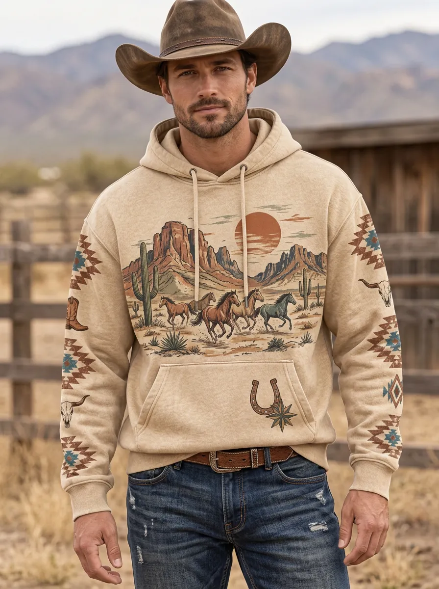 Men's Country Inspired Western Cowboy Horse Desert Graphic Hoodie
