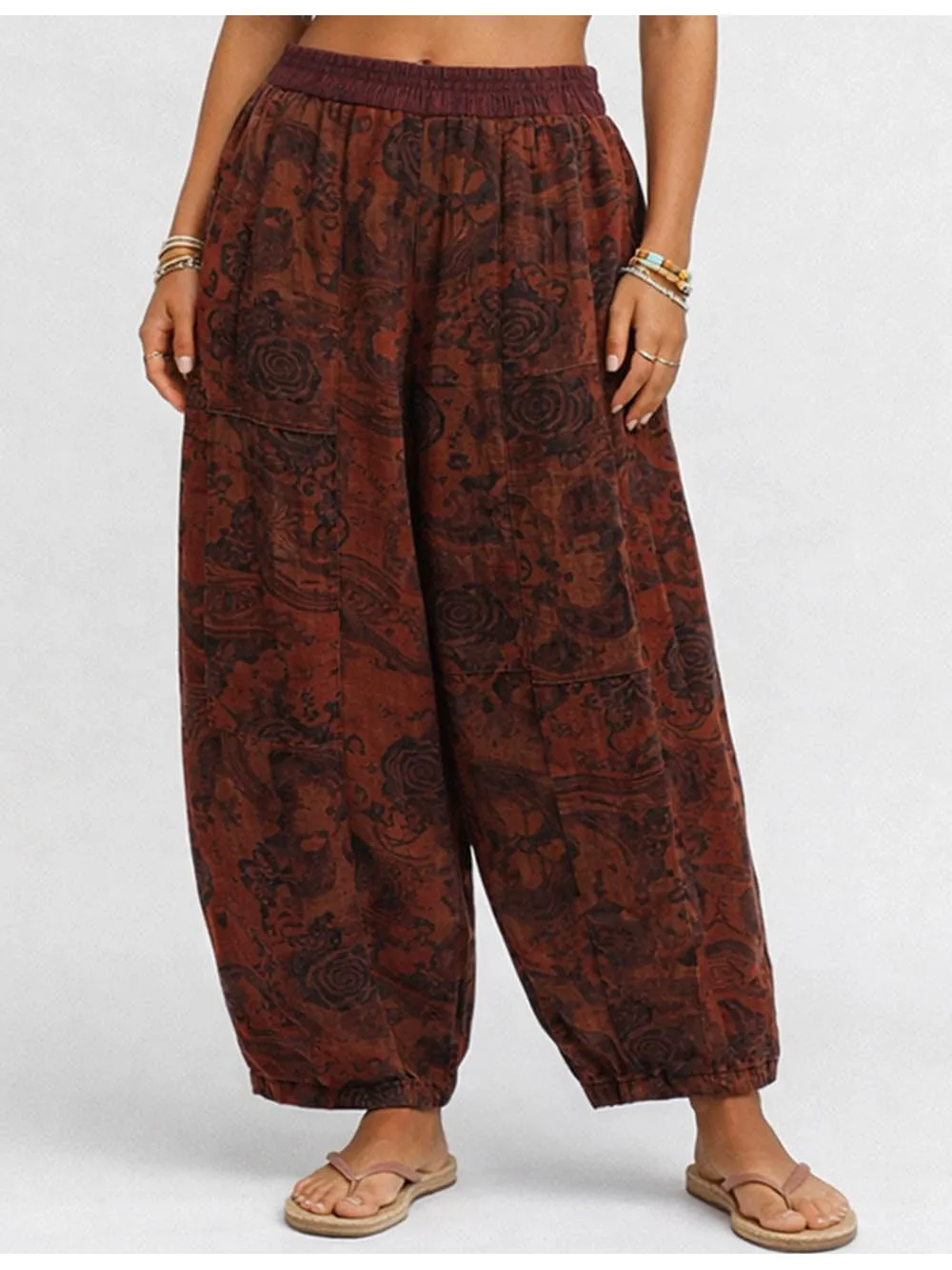 Boho Abstract Elastic Waist Barrel Leg Easy Pants