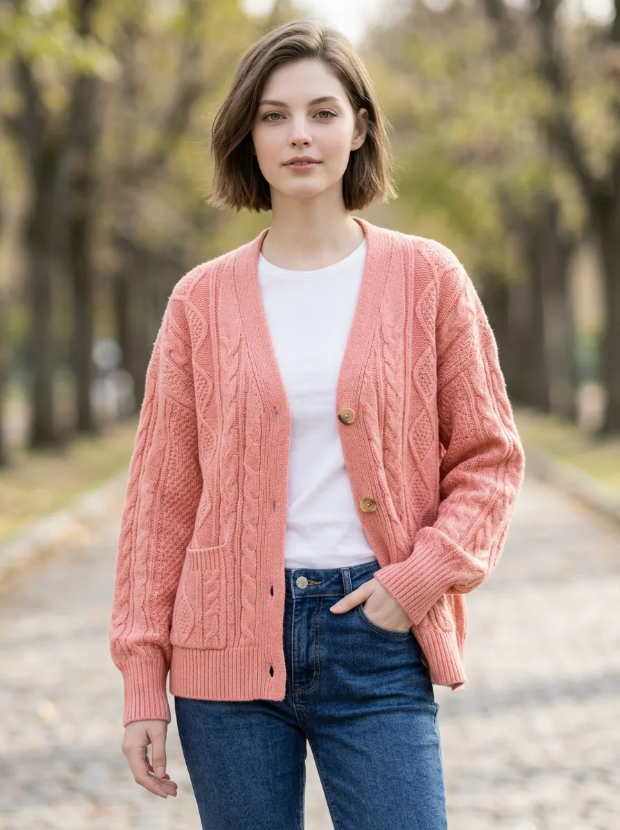 Women's Pink Cable Knit Button Down Cardigan Sweater