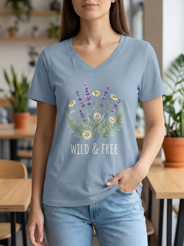 Women's Wild & Free Lavender Daisy Fern Printed V-neck T-shirt