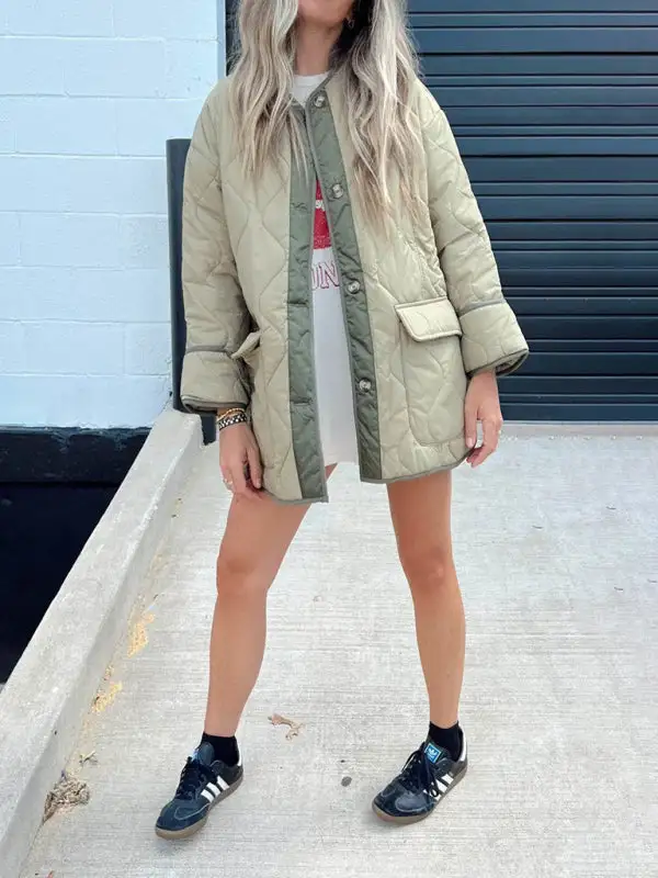Hooded Collared Round-Neck Quilted Jacket