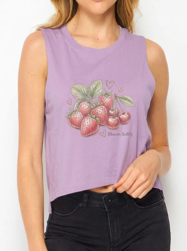 Women's Cottagecore Strawberry Cherry Bloom Softly Printed Crop Tank Top