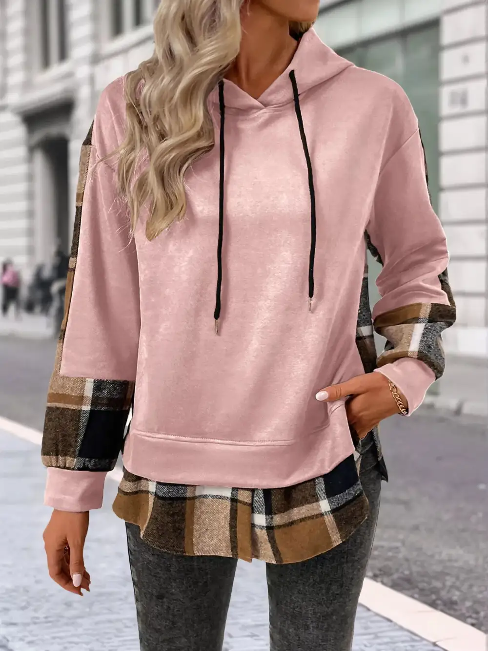 Relaxed Drawstring Long-Sleeve Plaid Hoodie