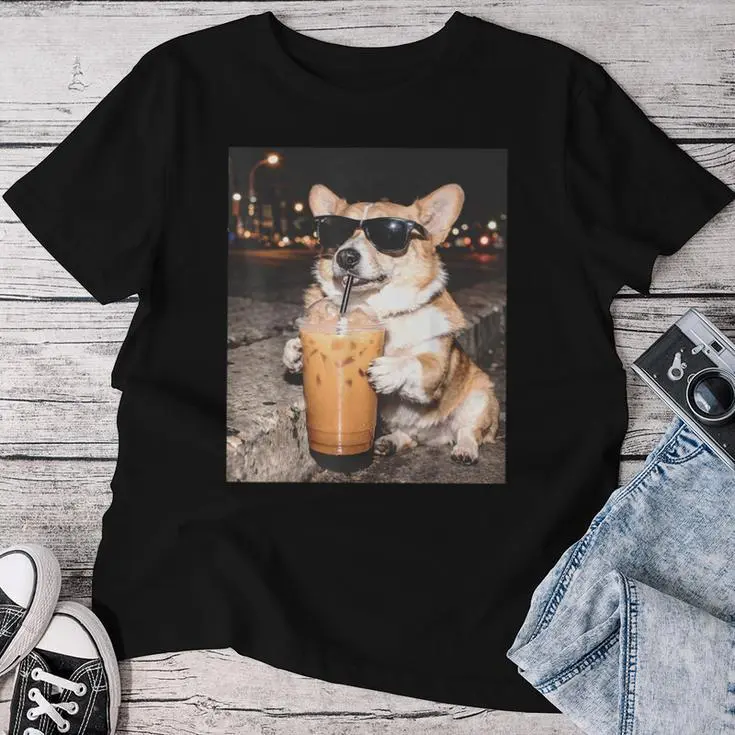 Corgi Drinking Iced Coffee Dog Meme Women T-shirt