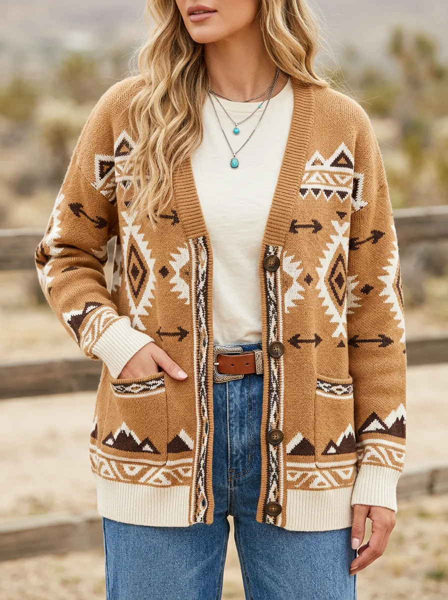 Women's Western Camel Southwestern Pattern Knit Cardigan