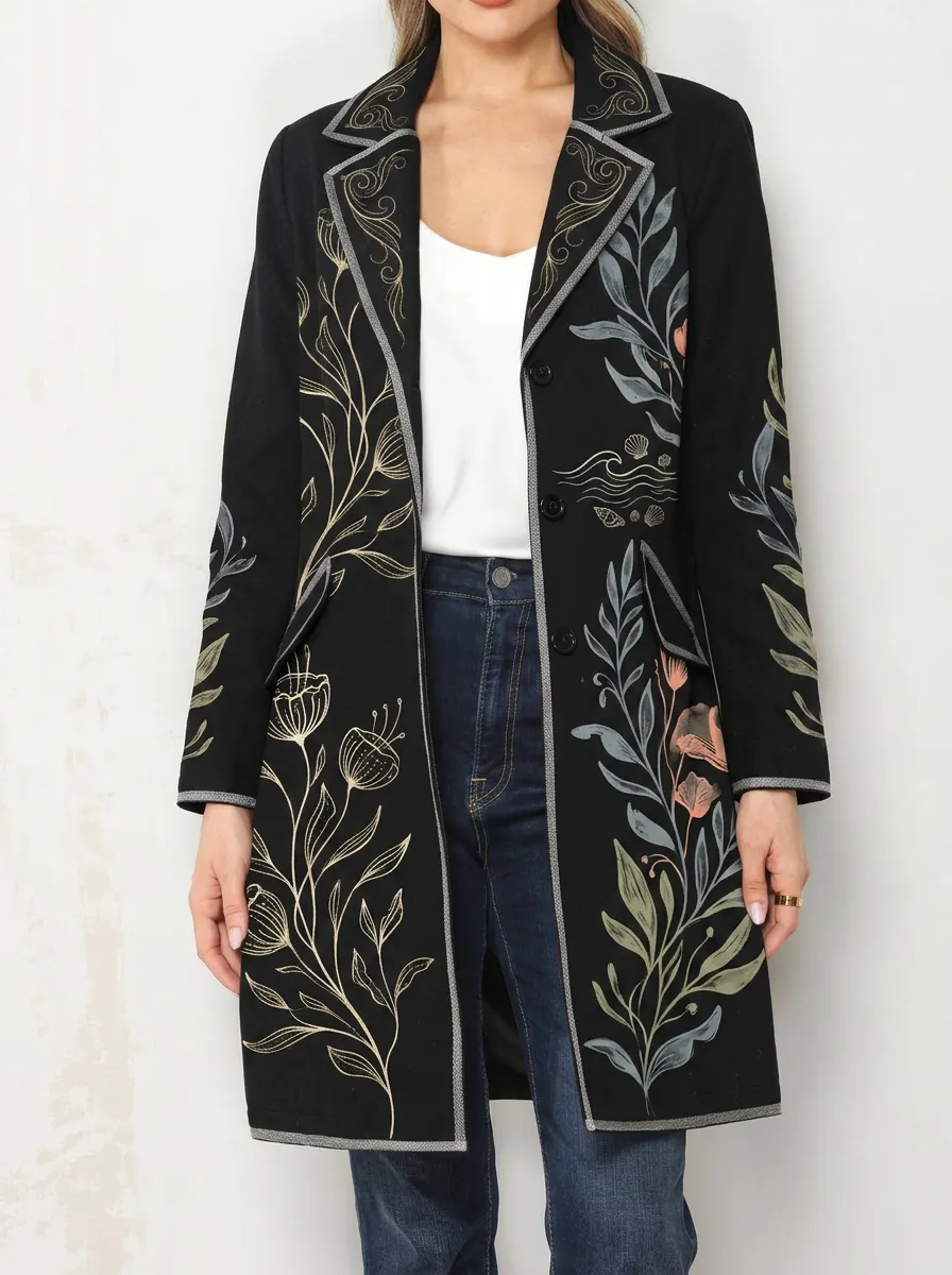 Women's Botanical Floral Art Printed Long Blazer