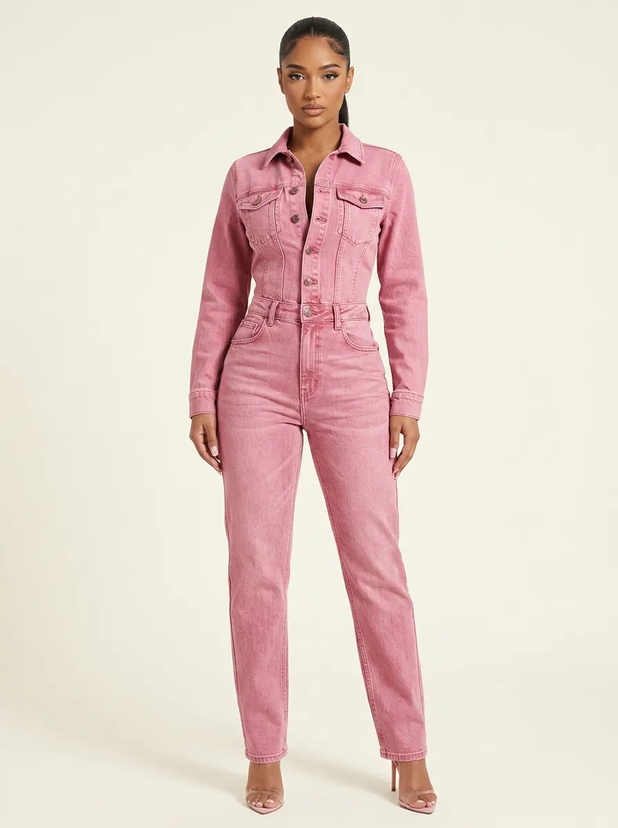 Pink Relaxed Solid Denim Jumpsuit