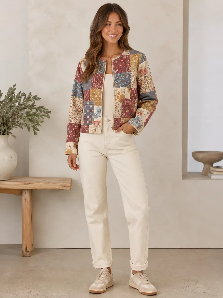 Women's Vintage Floral Patchwork Collarless Quilted Jacket