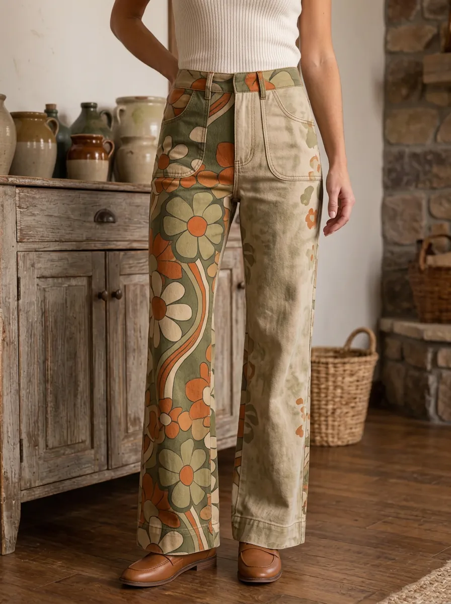 Women's Relaxed Retro 70s Floral Pattern Printed Wide Leg Pants