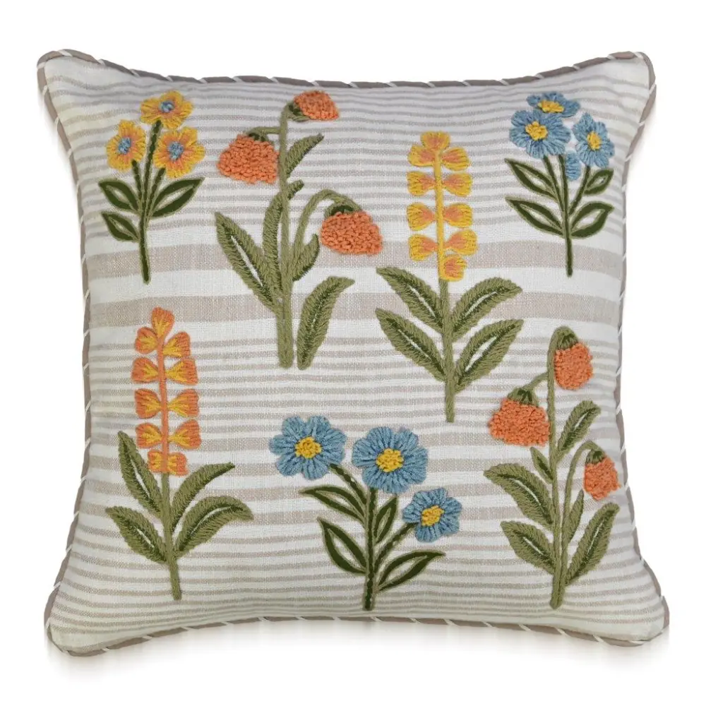 Artisan Design Hand Embroidered Floral Botanical Cotton Decorative Cushion Cover
