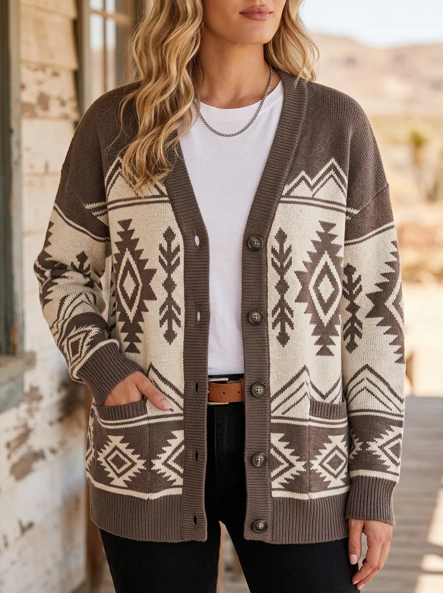 Women's Western Cardigan with Boho Geometric