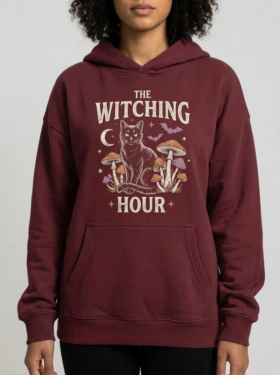 Women's Halloween Witching Hour Black Cat Mushroom Printed Hoodie