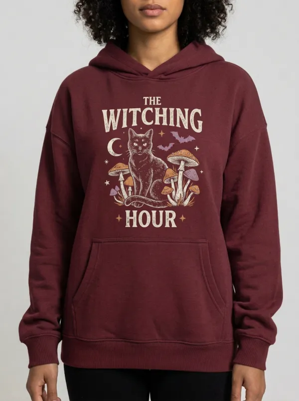 Women's Halloween Witching Hour Black Cat Mushroom Printed Hoodie