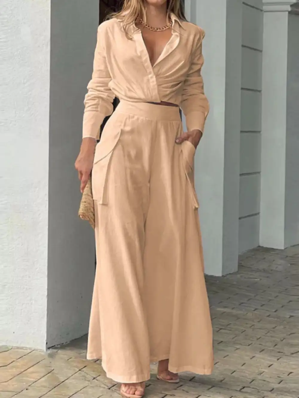 Long Sleeve Shirt Wide Leg Pants Set
