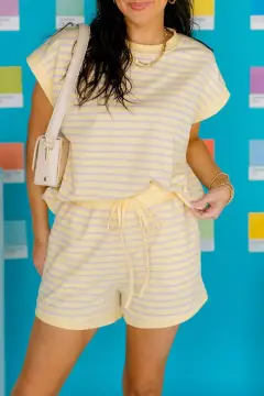 Refined Drawstring Striped Two-Piece Tee and Shorts Set