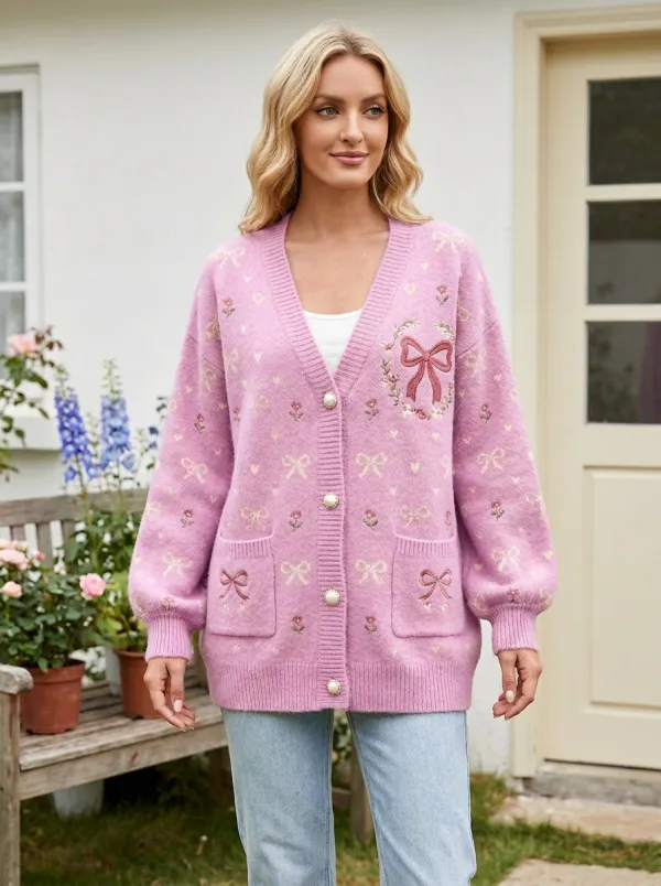 Women's Floral Ribbon Bow Pattern Printed Cardigan
