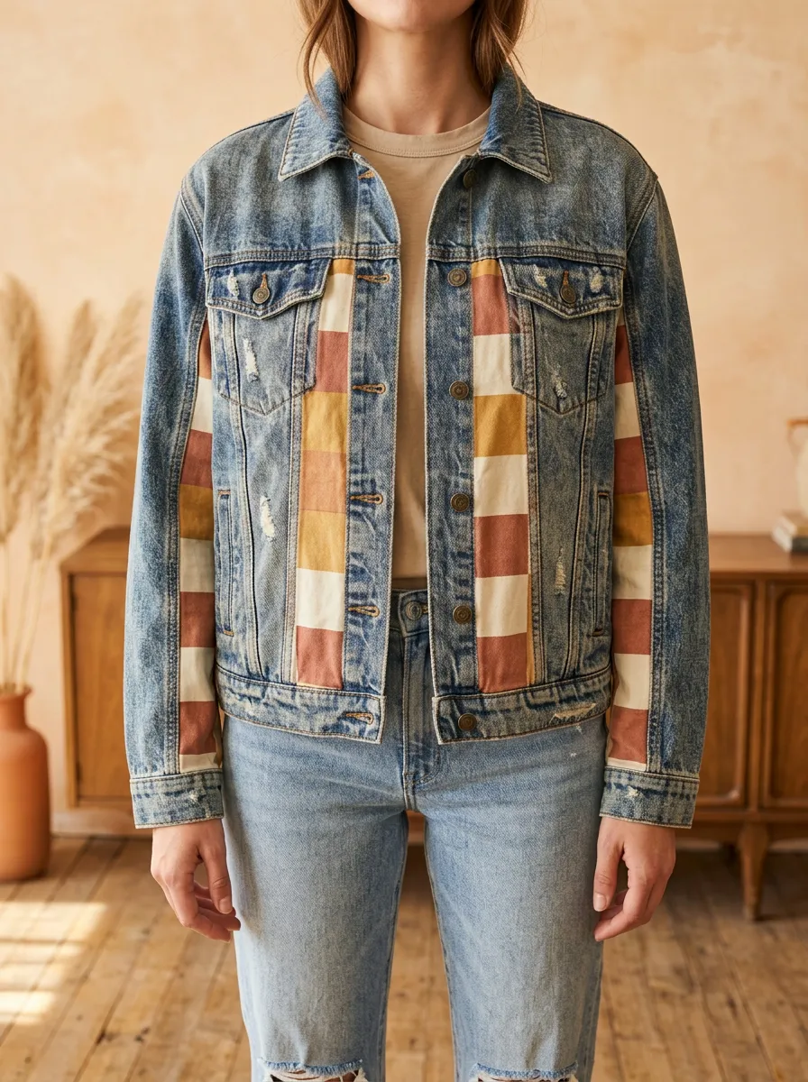 Women's Boho Style Striped Patchwork Distressed Denim Jacket