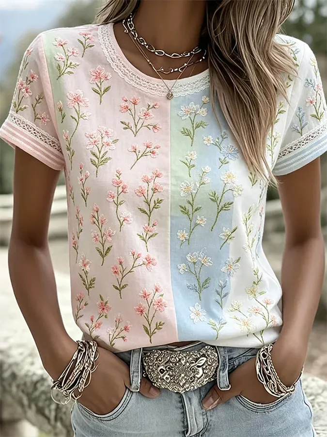 Women's Casual Short-Sleeve T-Shirt with Floral Art Print