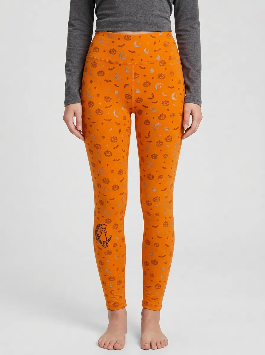 Women's Halloween Pumpkin Ghost Moon Cat Leggings