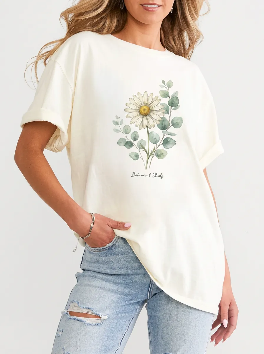 Women's Botanical Lover Daisy Eucalyptus Printed T-shirt