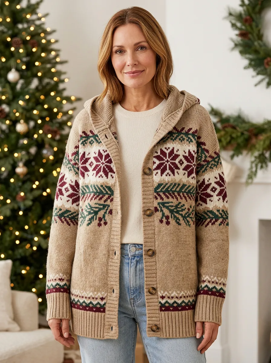 Christmas Snowflake Fair Isle Print Hooded Cardigan