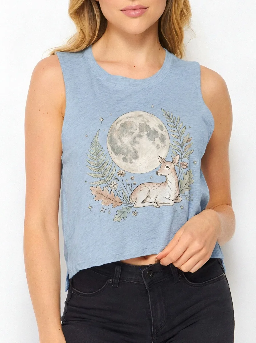 Women's Nature Lover Moon Deer Floral Printed Crop Tank Top
