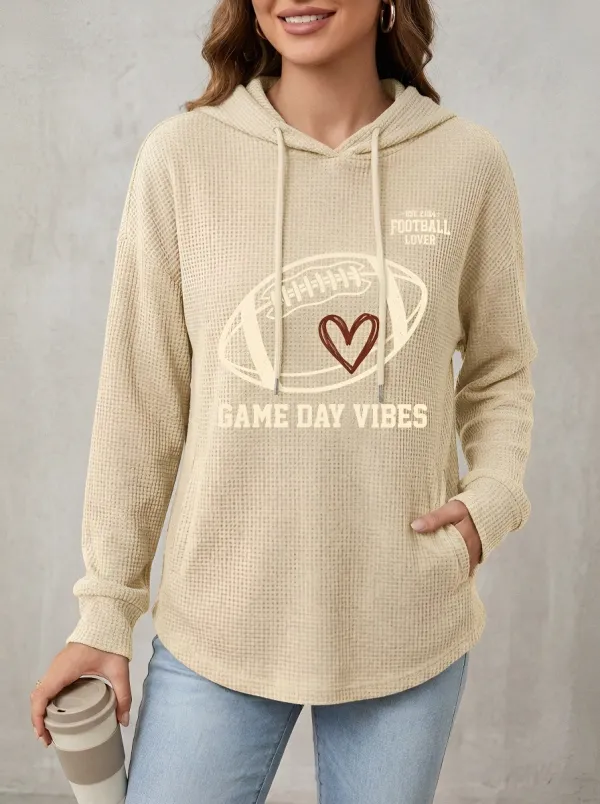 Women's Football Lover Game Day Vibes Heart Printed Waffle Hoodie