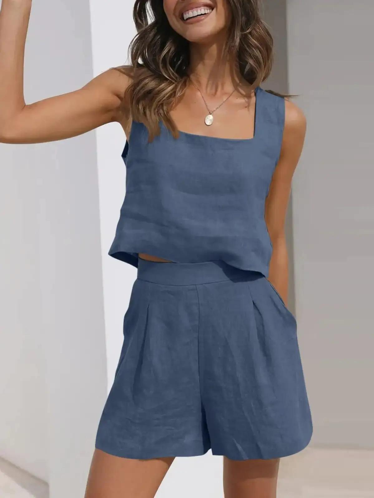 Square-Neck Shorts Matching Set