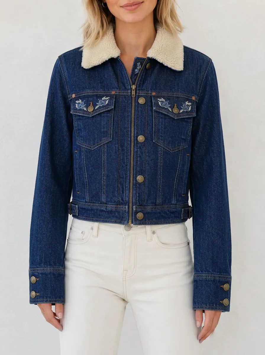 Women's Floral Embroidery Sherpa Collar Denim Jacket