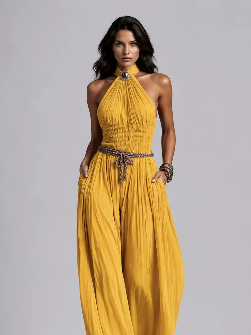 Taylor Pleated Halter-Neck Wide-Leg Jumpsuit