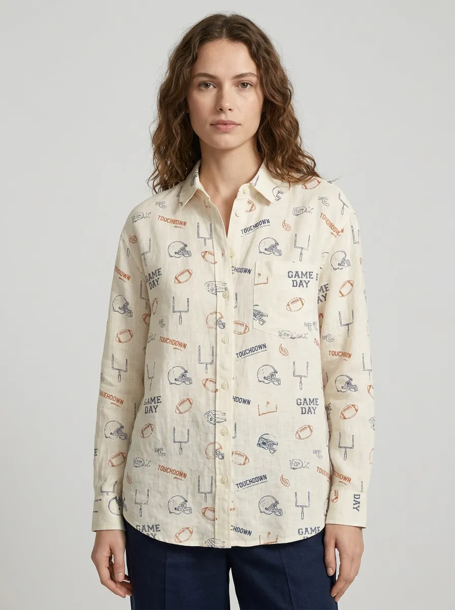 Women's Football Fan Game Day Touchdown Printed Button-up Shirt